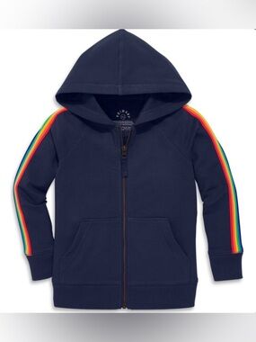 PRIMARY Kids Zip Hoodie With Rainbow Trim Navy Blue Size 8-9 Lightweight